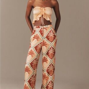Anthropologie x Farm Rio NWT Peach & Rust Pineapple-Print Wide-Leg Pants